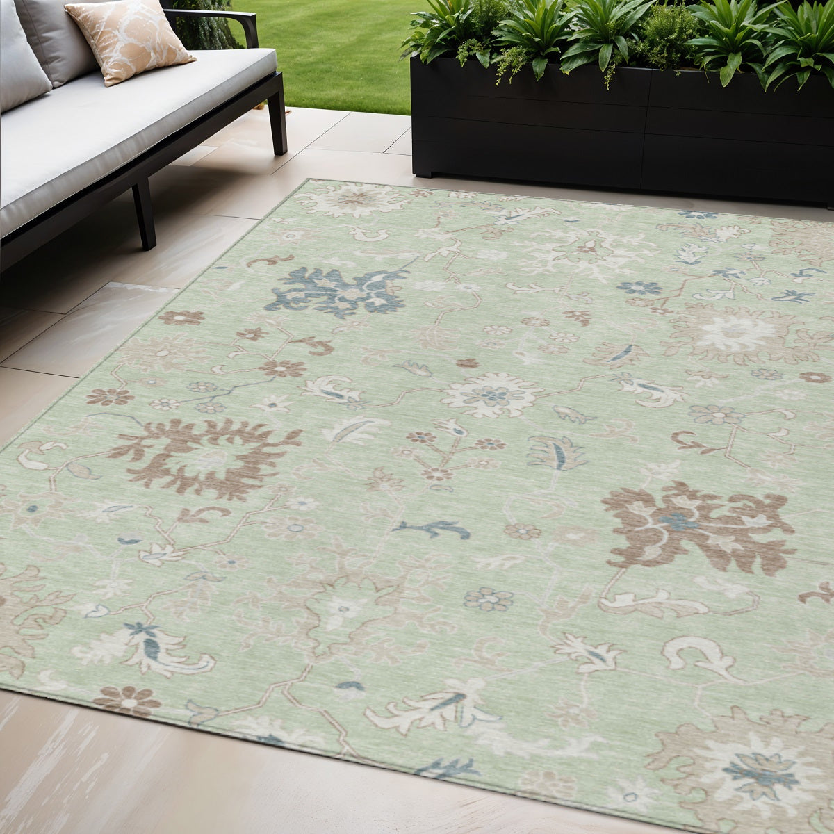 5 X 8 Artichoke Green Ivory And Brown Floral Washable Indoor Outdoor Area Rug