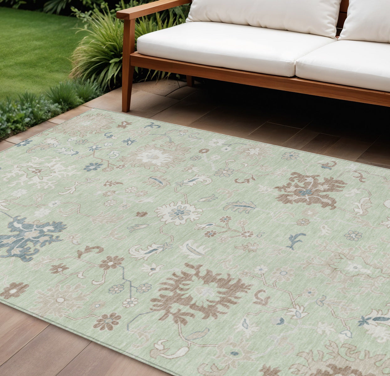 10 X 14 Artichoke Green Ivory And Brown Floral Washable Indoor Outdoor Area Rug
