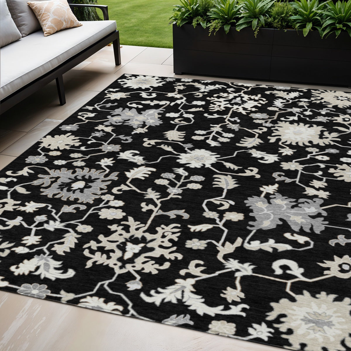 5 X 8 Black Ivory And Gray Floral Washable Indoor Outdoor Area Rug