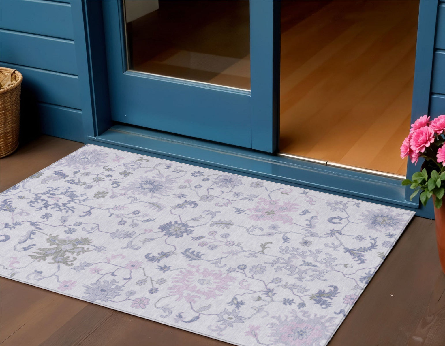 3 X 5 Lavender Mauve And Gray Floral Washable Indoor Outdoor Area Rug