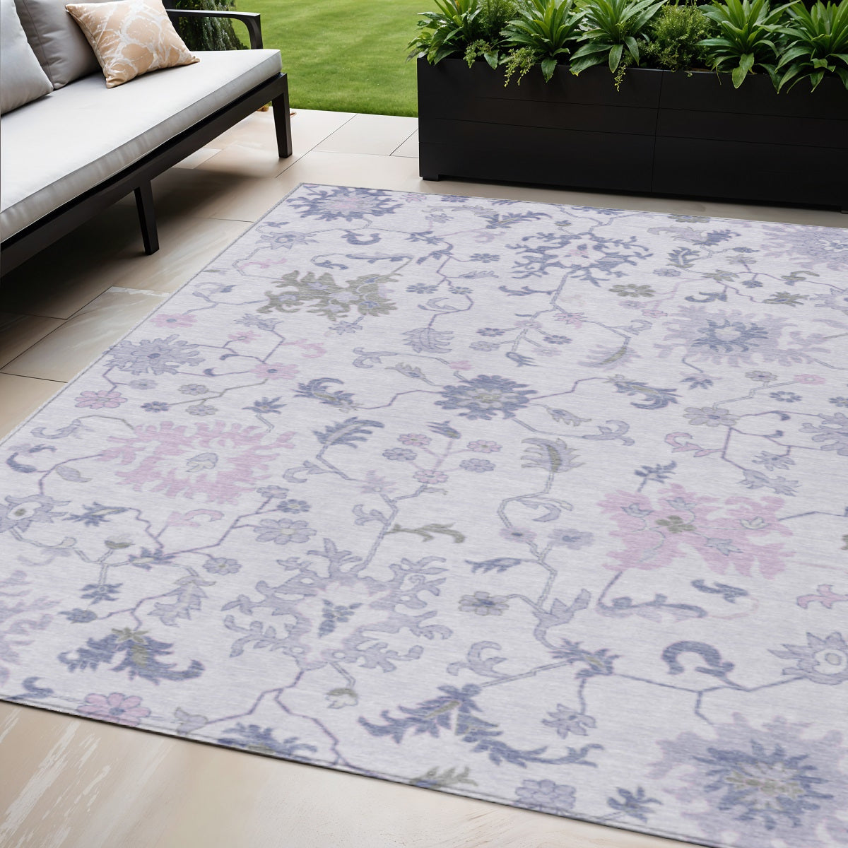 5 X 8 Lavender Mauve And Gray Floral Washable Indoor Outdoor Area Rug