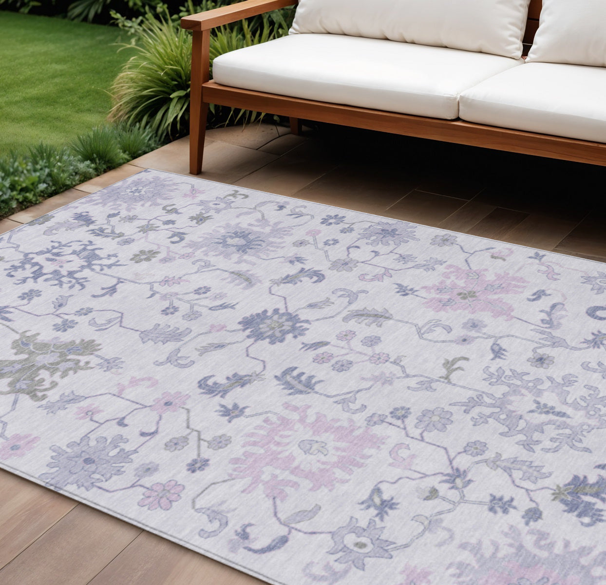 9 X 12 Lavender Mauve And Gray Floral Washable Indoor Outdoor Area Rug