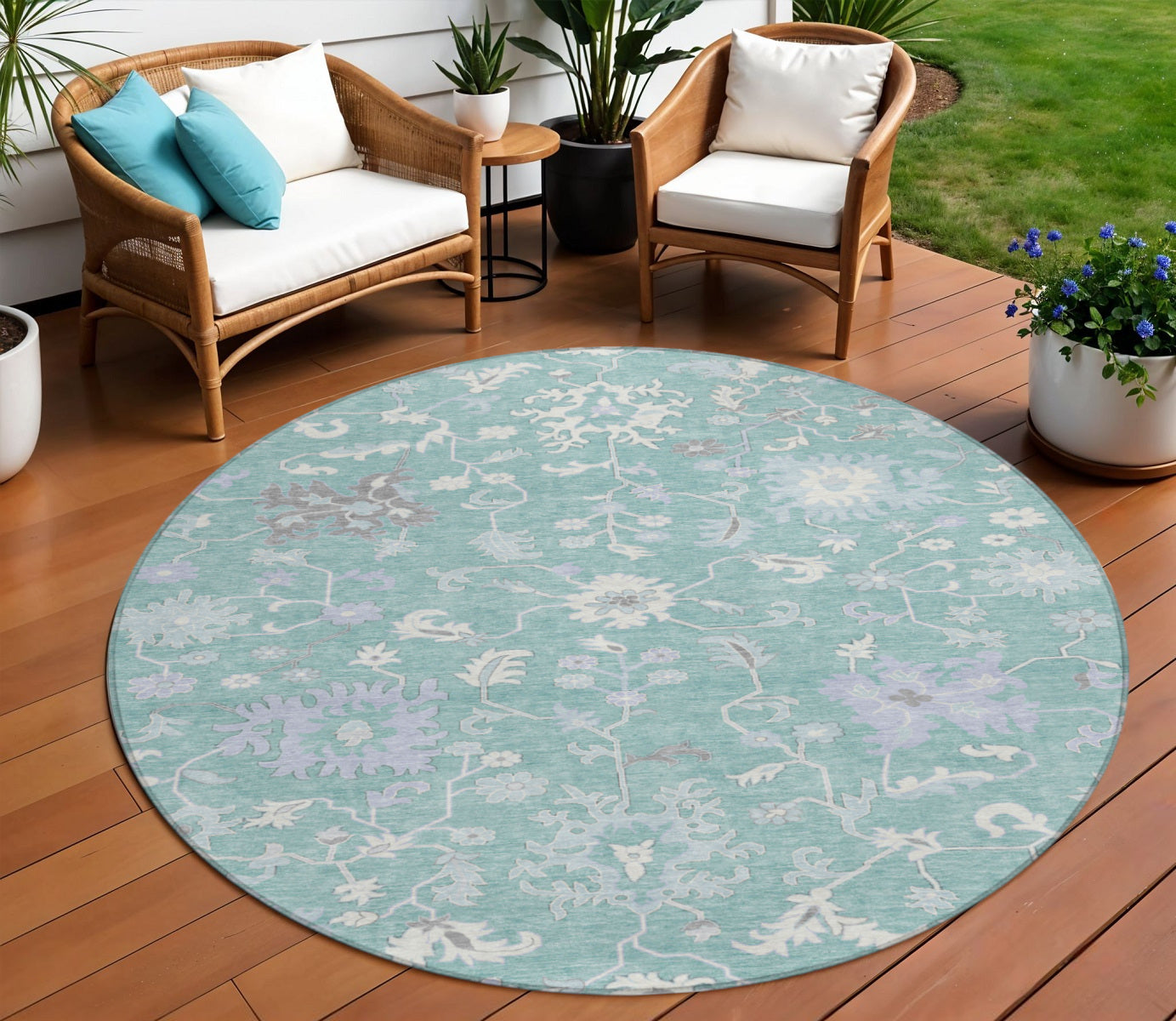 8 Pale Aqua Ivory And Gray Round Floral Washable Indoor Outdoor Area Rug