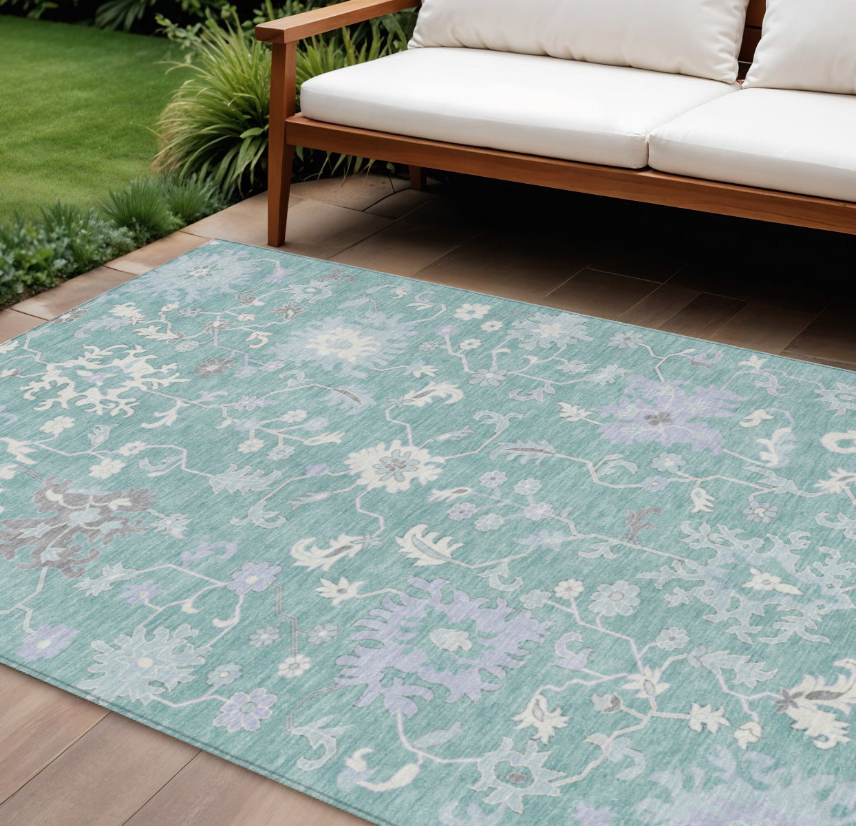8 X 10 Pale Aqua Ivory And Gray Floral Washable Indoor Outdoor Area Rug