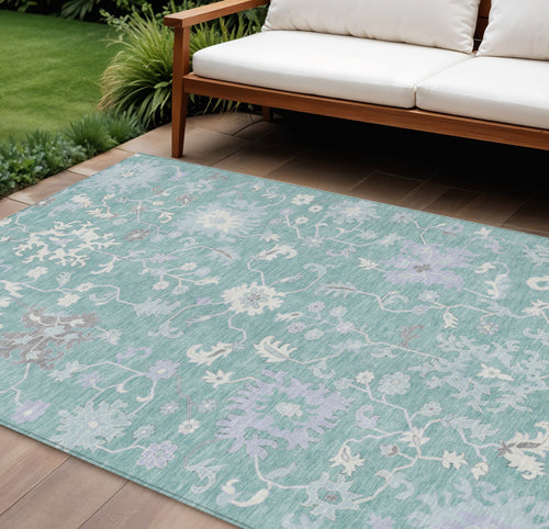 10 X 14 Pale Aqua Ivory And Gray Floral Washable Indoor Outdoor Area Rug