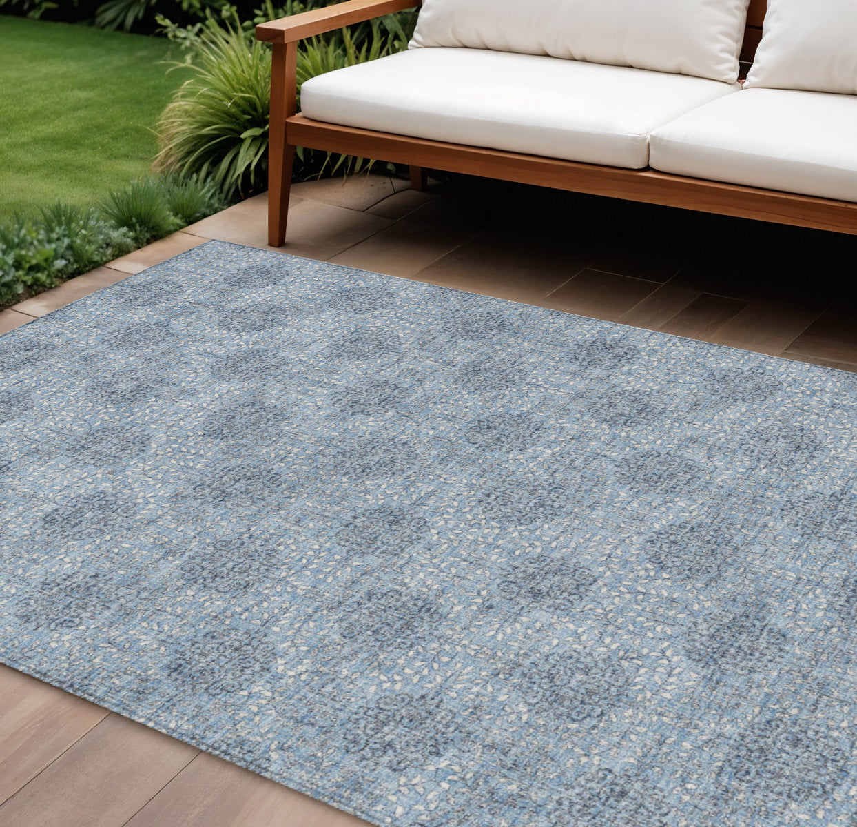 10 X 14 Blue And Ivory Damask Washable Indoor Outdoor Area Rug