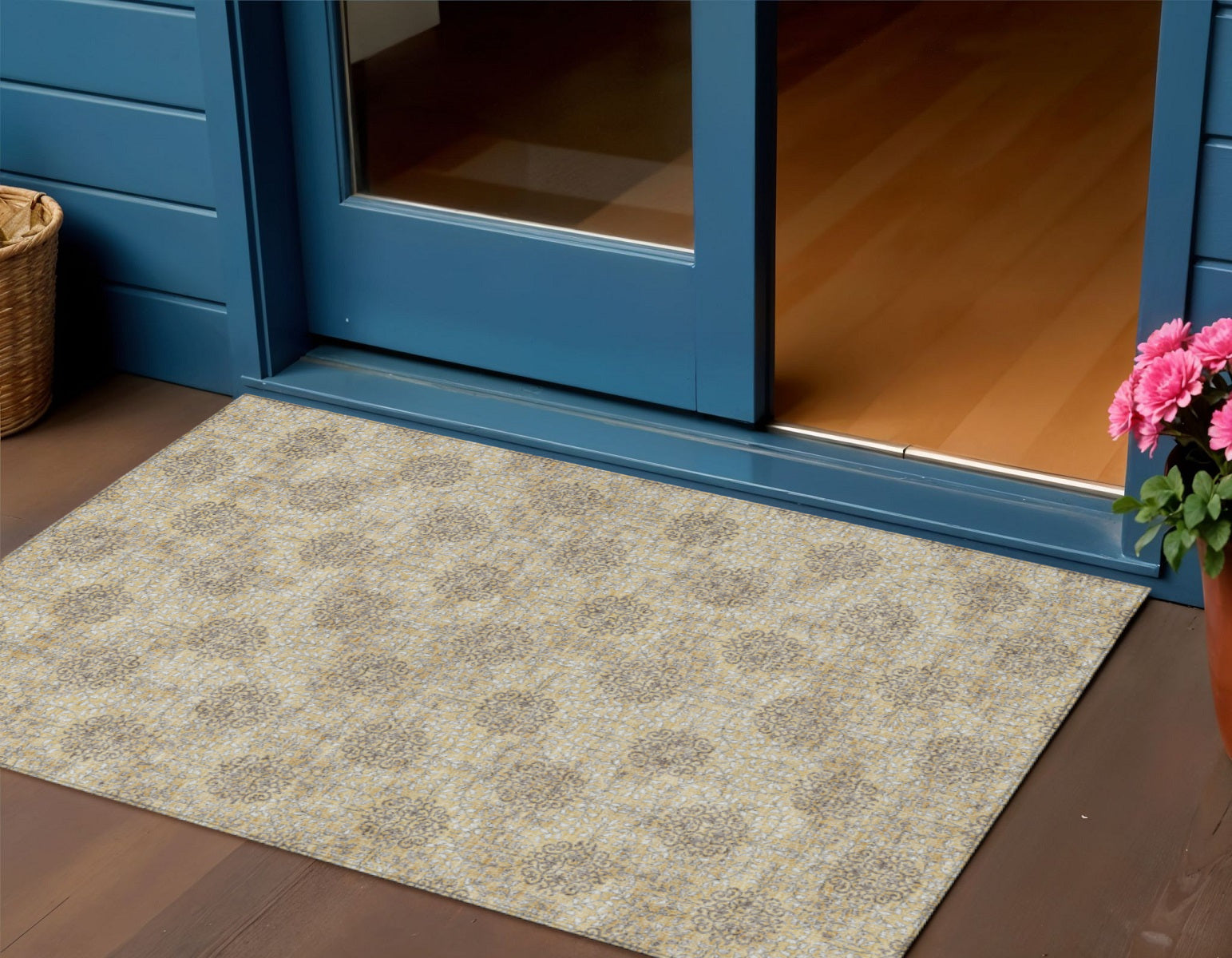 3 X 5 Gold And Taupe Damask Washable Indoor Outdoor Area Rug