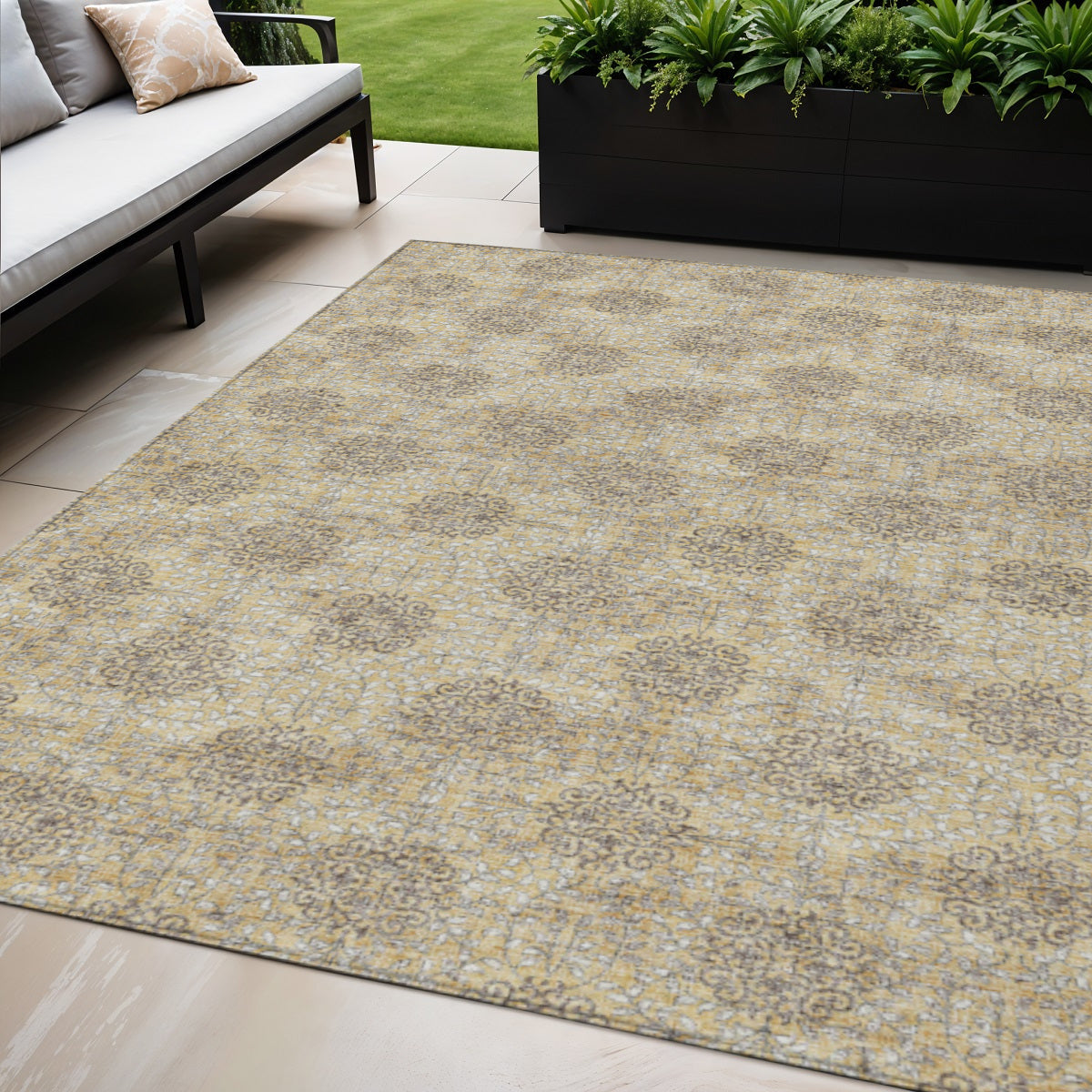5 X 8 Gold And Taupe Damask Washable Indoor Outdoor Area Rug