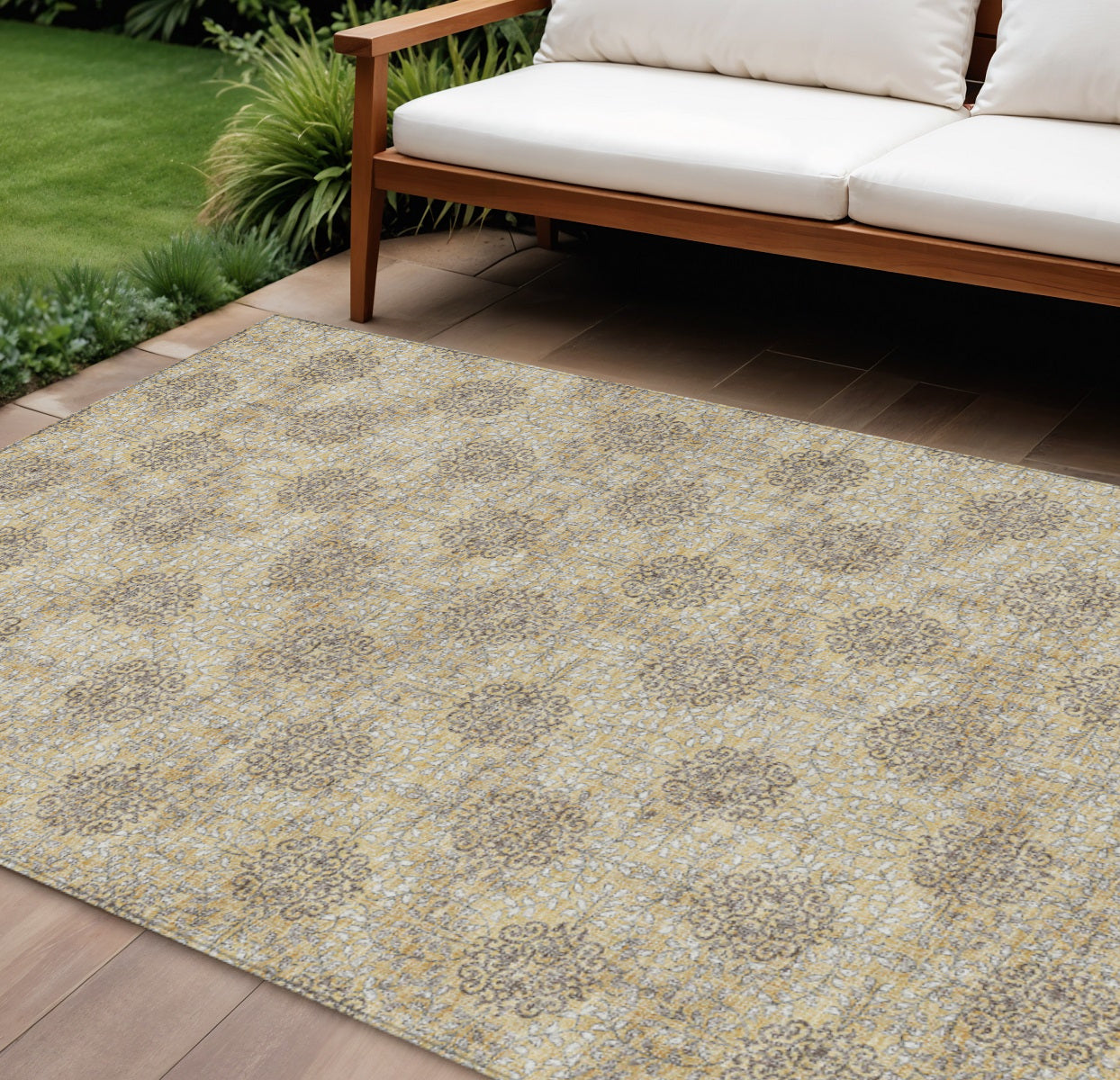 8 X 10 Gold And Taupe Damask Washable Indoor Outdoor Area Rug