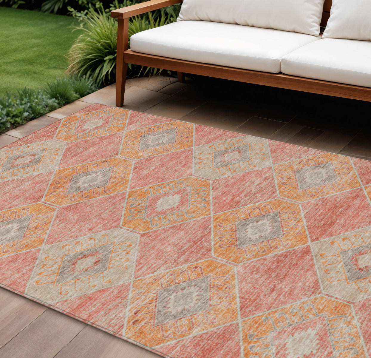 10 X 14 Coral And Gray Aztec Washable Indoor Outdoor Area Rug