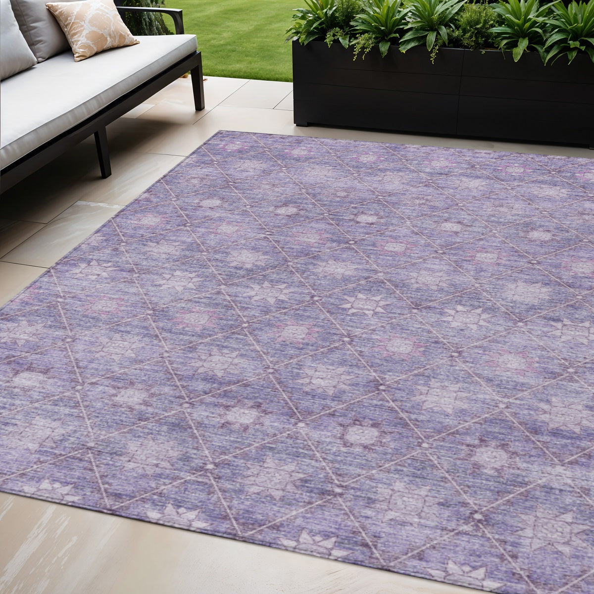 5 X 8 Purple And Ivory Floral Washable Indoor Outdoor Area Rug