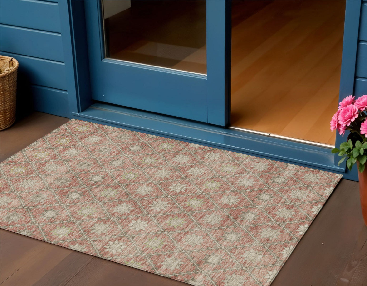 3 X 5 Terra Cotta And Beige Floral Washable Indoor Outdoor Area Rug