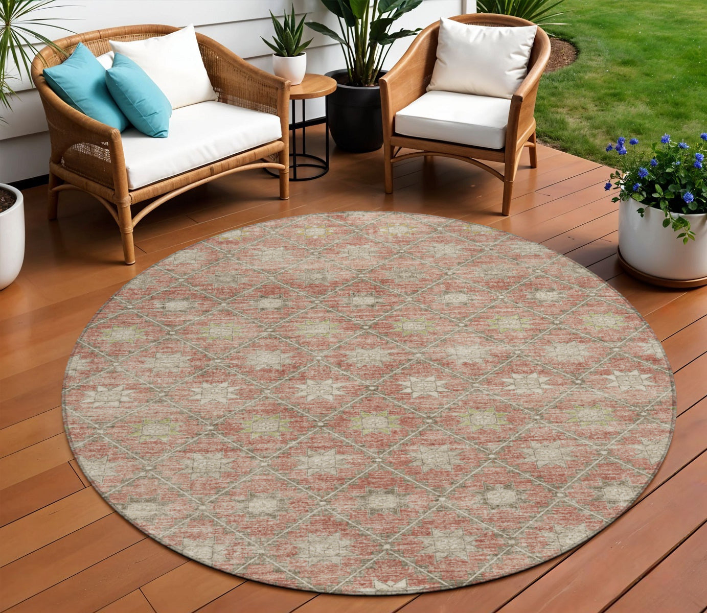 8 Terra Cotta And Beige Round Floral Washable Indoor Outdoor Area Rug