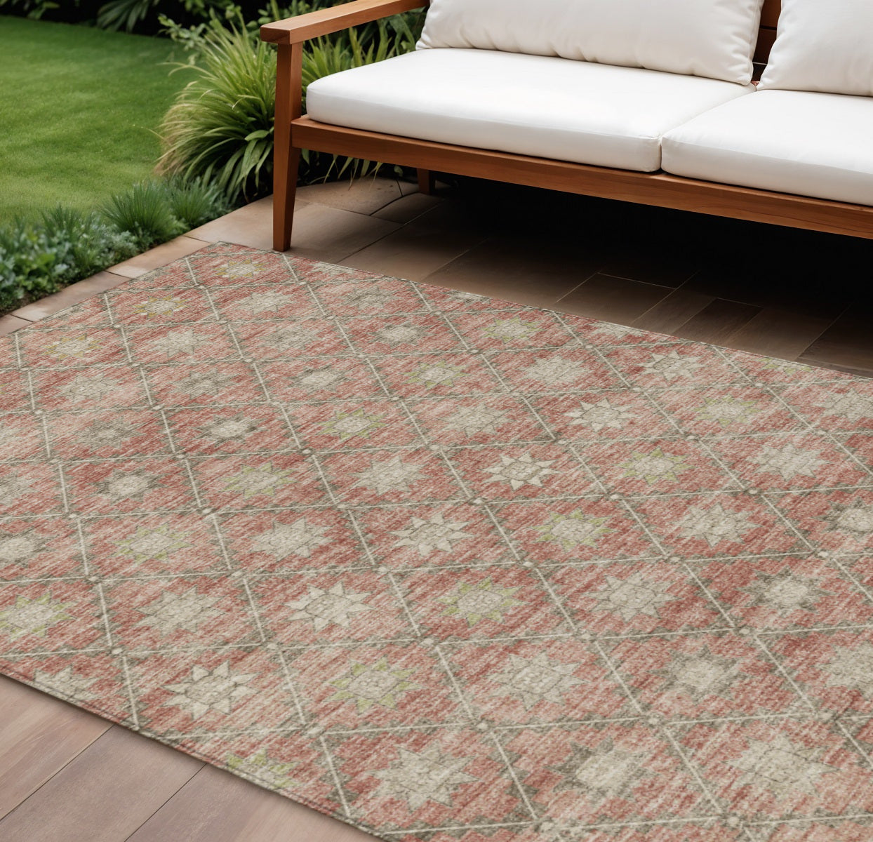 10 X 14 Terra Cotta And Beige Floral Washable Indoor Outdoor Area Rug