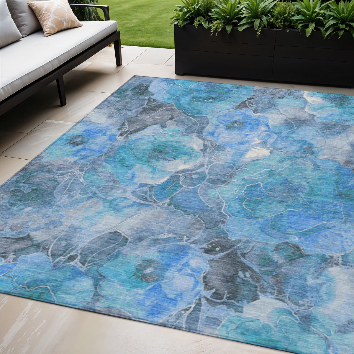 5 X 8 Blue And Gray Floral Washable Indoor Outdoor Area Rug