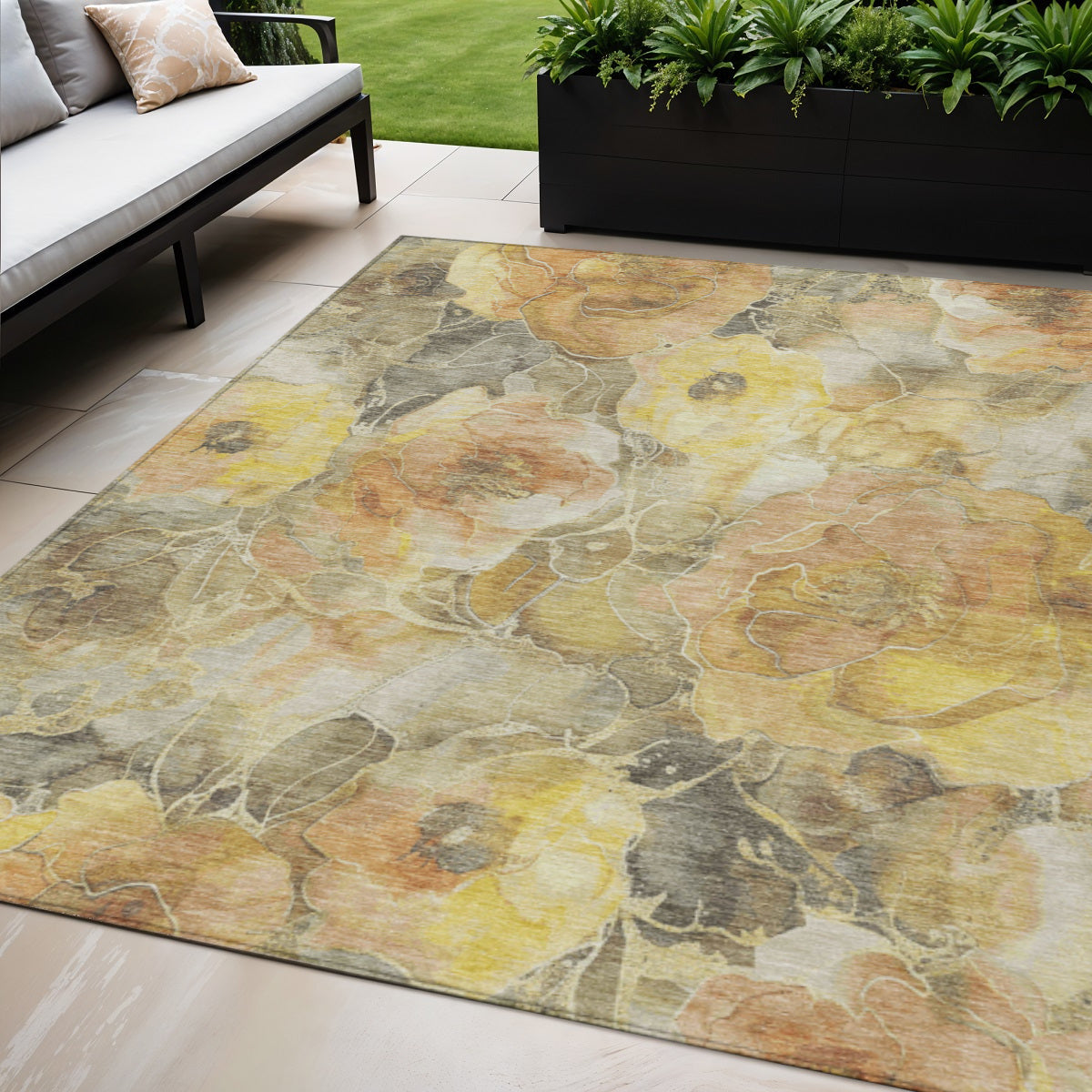 5 X 8 Gold And Gray Floral Washable Indoor Outdoor Area Rug