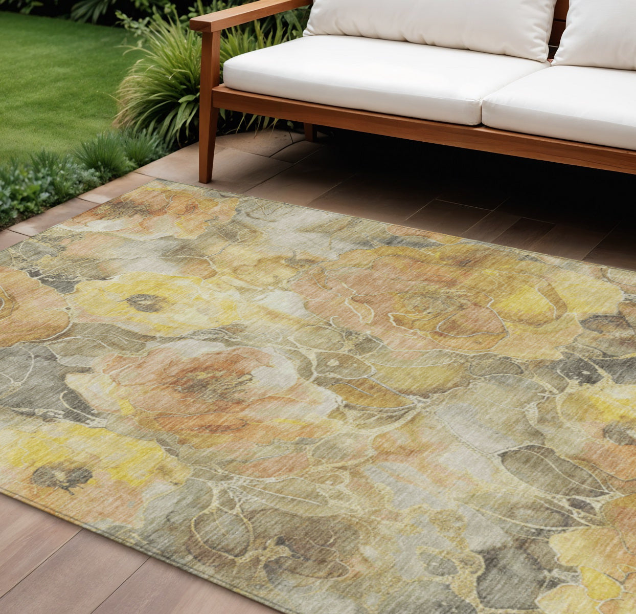 10 X 14 Gold And Gray Floral Washable Indoor Outdoor Area Rug