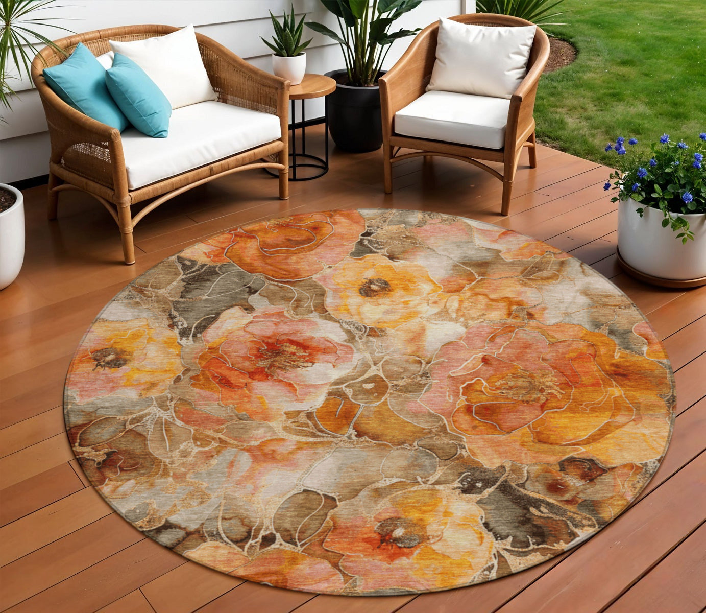 8 Orange And Gray Round Floral Washable Indoor Outdoor Area Rug