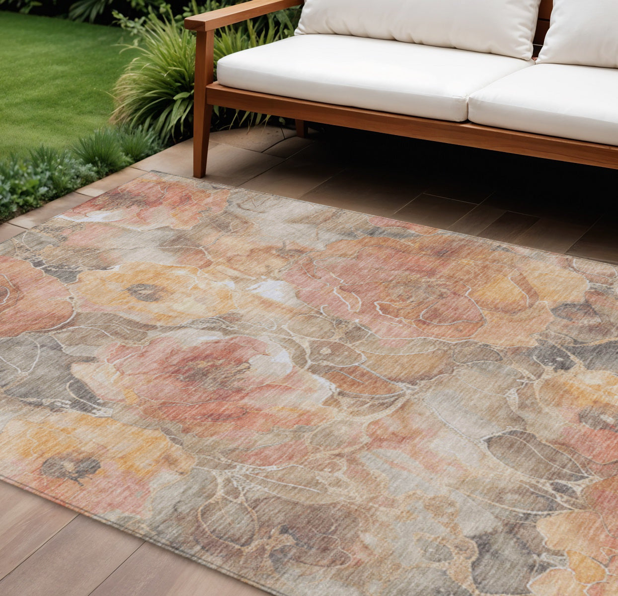10 X 14 Peach And Gray Floral Washable Indoor Outdoor Area Rug
