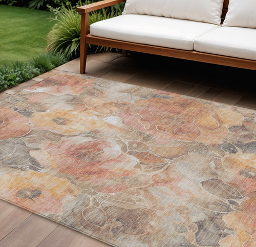 10 X 14 Peach And Gray Floral Washable Indoor Outdoor Area Rug