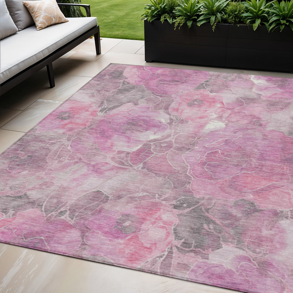 5 X 8 Pink And Gray Floral Washable Indoor Outdoor Area Rug