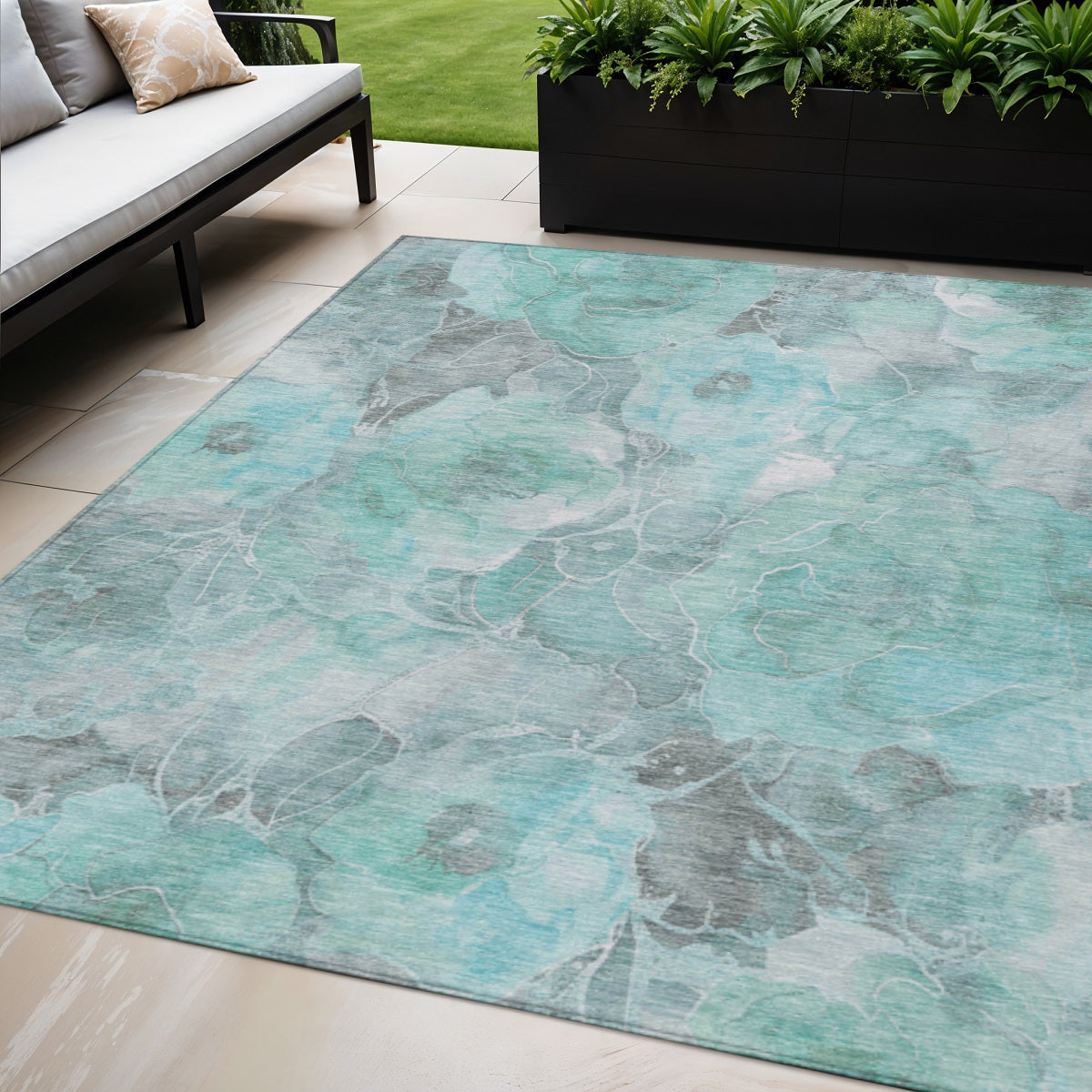 5 X 8 Teal Blue And Gray Floral Washable Indoor Outdoor Area Rug