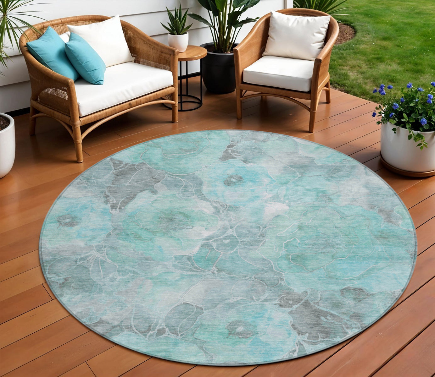 8 Teal Blue And Gray Round Floral Washable Indoor Outdoor Area Rug