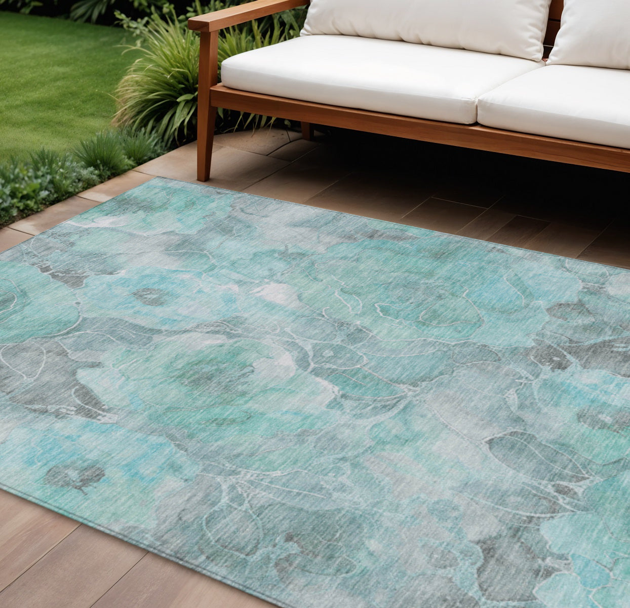 8 X 10 Teal Blue And Gray Floral Washable Indoor Outdoor Area Rug