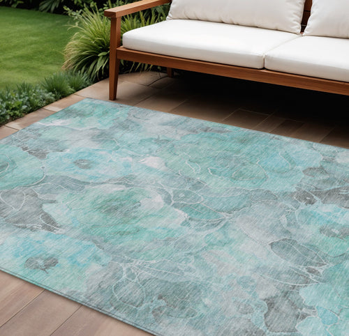 10 X 14 Teal Blue And Gray Floral Washable Indoor Outdoor Area Rug