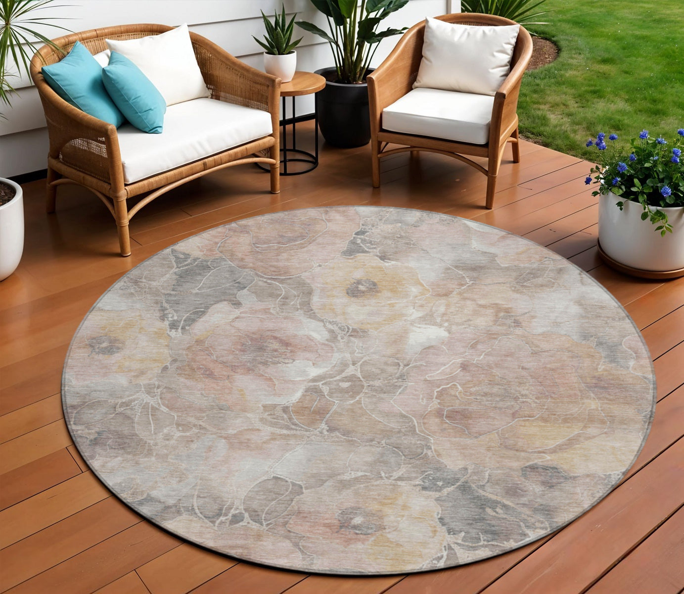 8 Taupe And Gray Round Floral Washable Indoor Outdoor Area Rug
