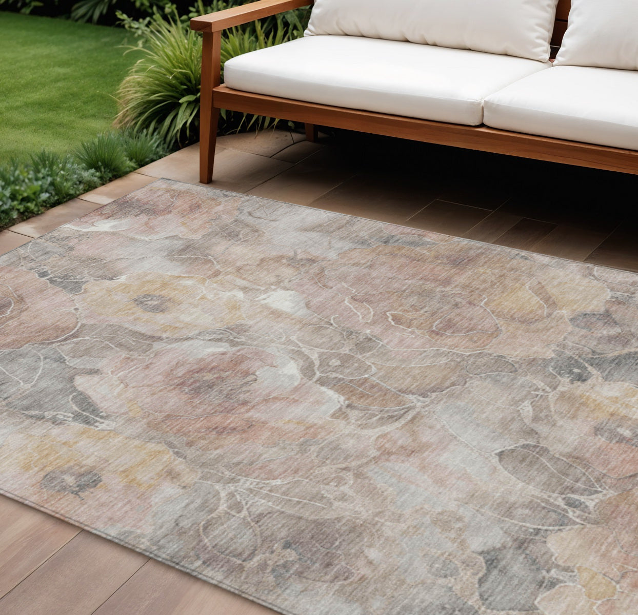 8 X 10 Taupe And Gray Floral Washable Indoor Outdoor Area Rug