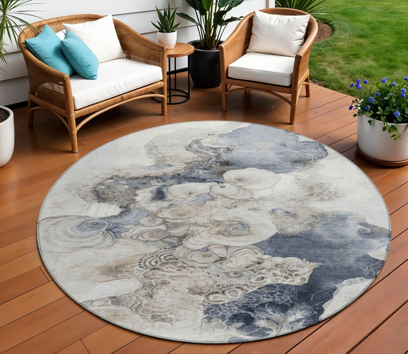 8 Ivory And Taupe Round Abstract Washable Indoor Outdoor Area Rug