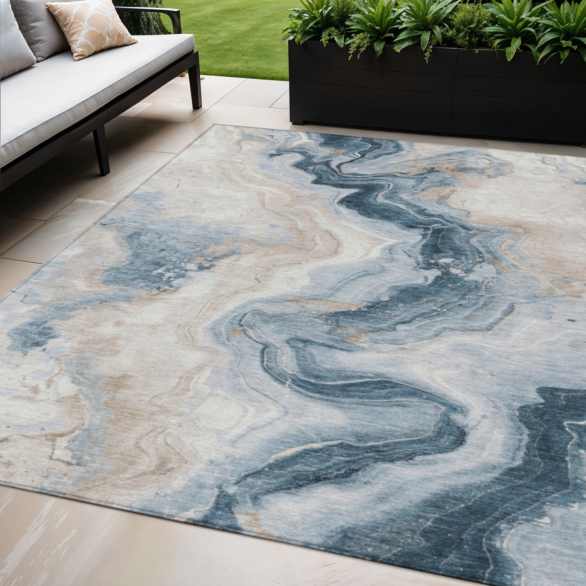 5 X 8 Beige And Navy Blue Abstract Washable Indoor Outdoor Area Rug