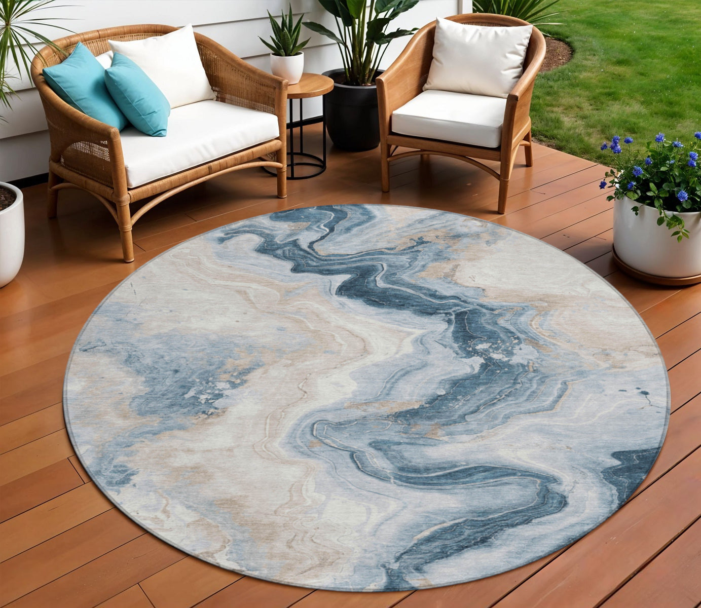 8 Beige And Navy Blue Round Abstract Washable Indoor Outdoor Area Rug