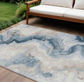 8 X 10 Beige And Navy Blue Abstract Washable Indoor Outdoor Area Rug