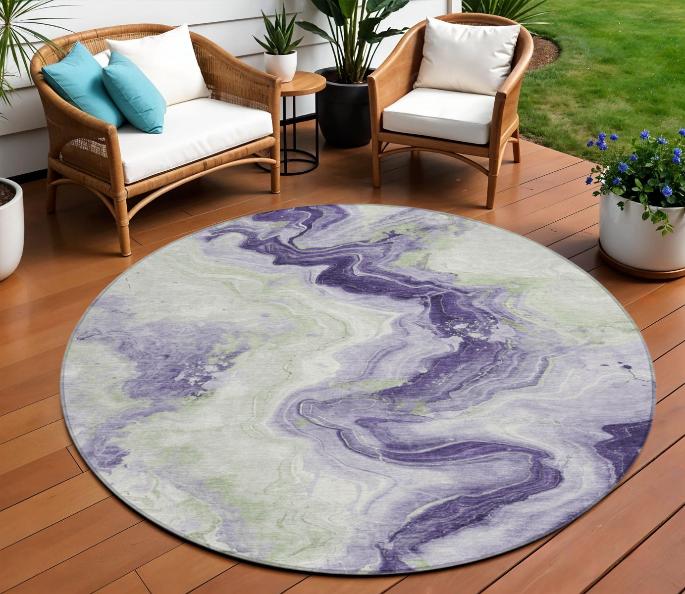 8 Lavender And Mint Green Round Abstract Washable Indoor Outdoor Area Rug
