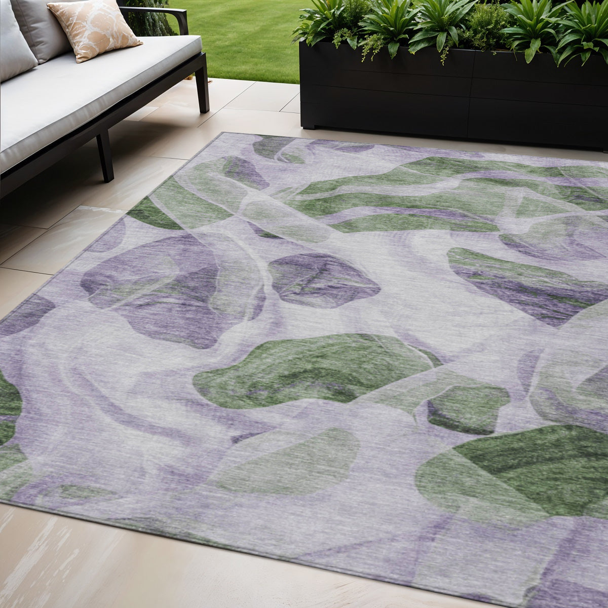 5 X 8 Lavender And Green Abstract Washable Indoor Outdoor Area Rug