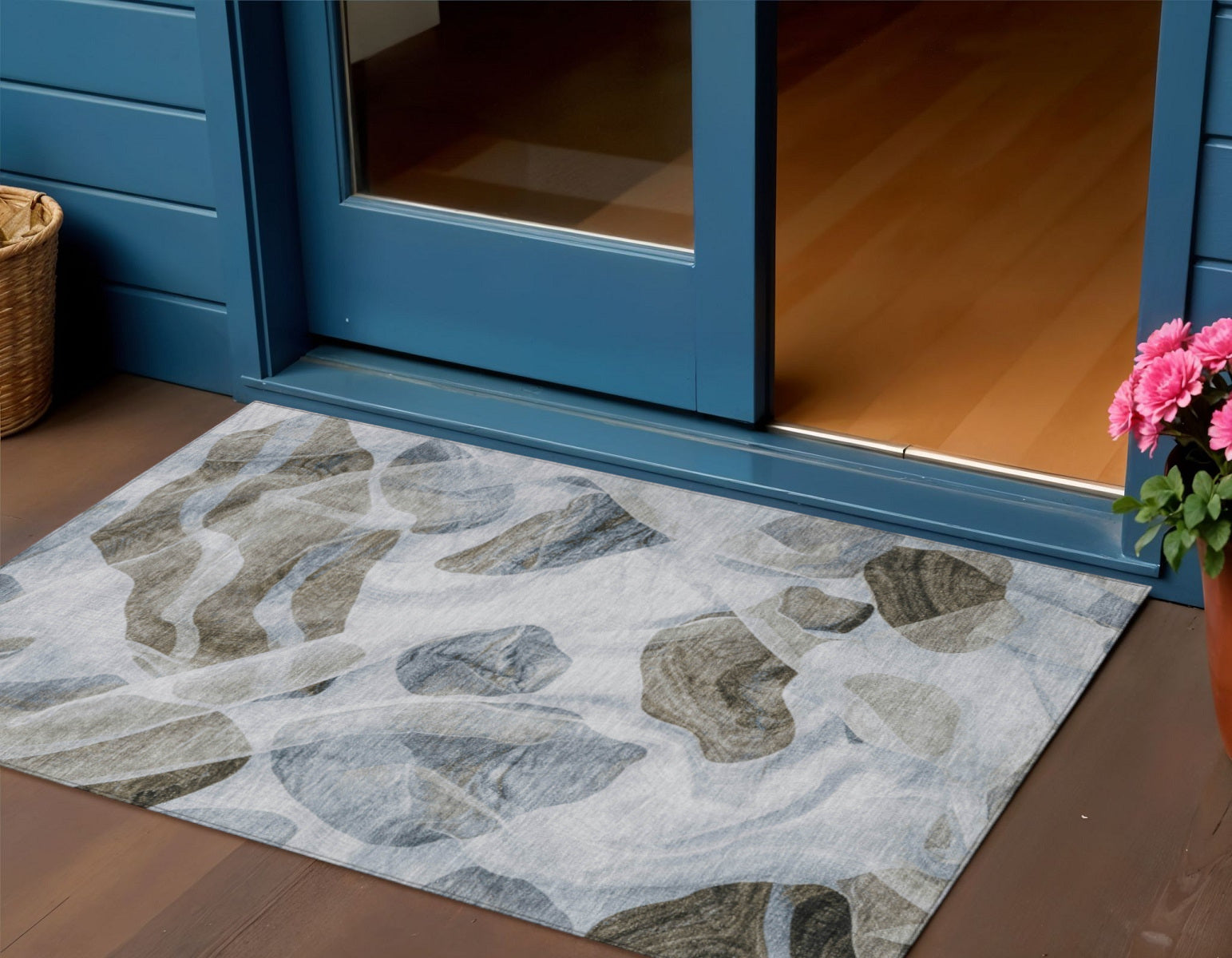 3 X 5 Sky Blue And Taupe Abstract Washable Indoor Outdoor Area Rug