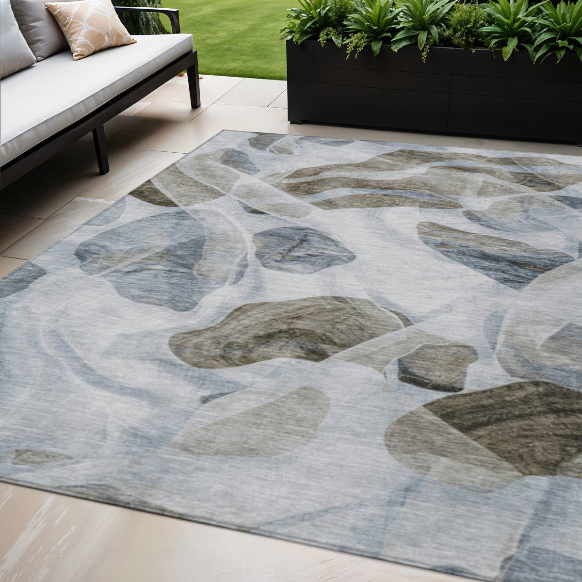 5 X 8 Sky Blue And Taupe Abstract Washable Indoor Outdoor Area Rug