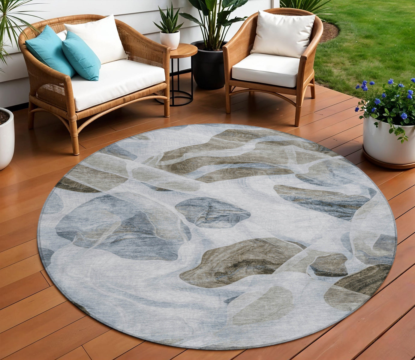 8 Sky Blue And Taupe Round Abstract Washable Indoor Outdoor Area Rug