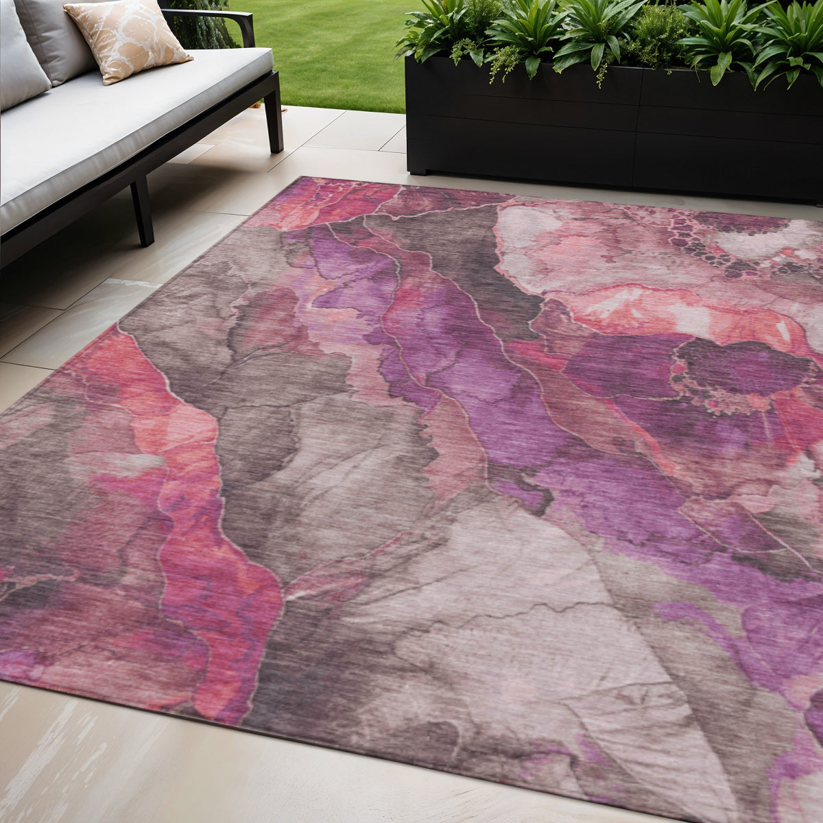 5 X 8 Blush And Purple Floral Washable Indoor Outdoor Area Rug