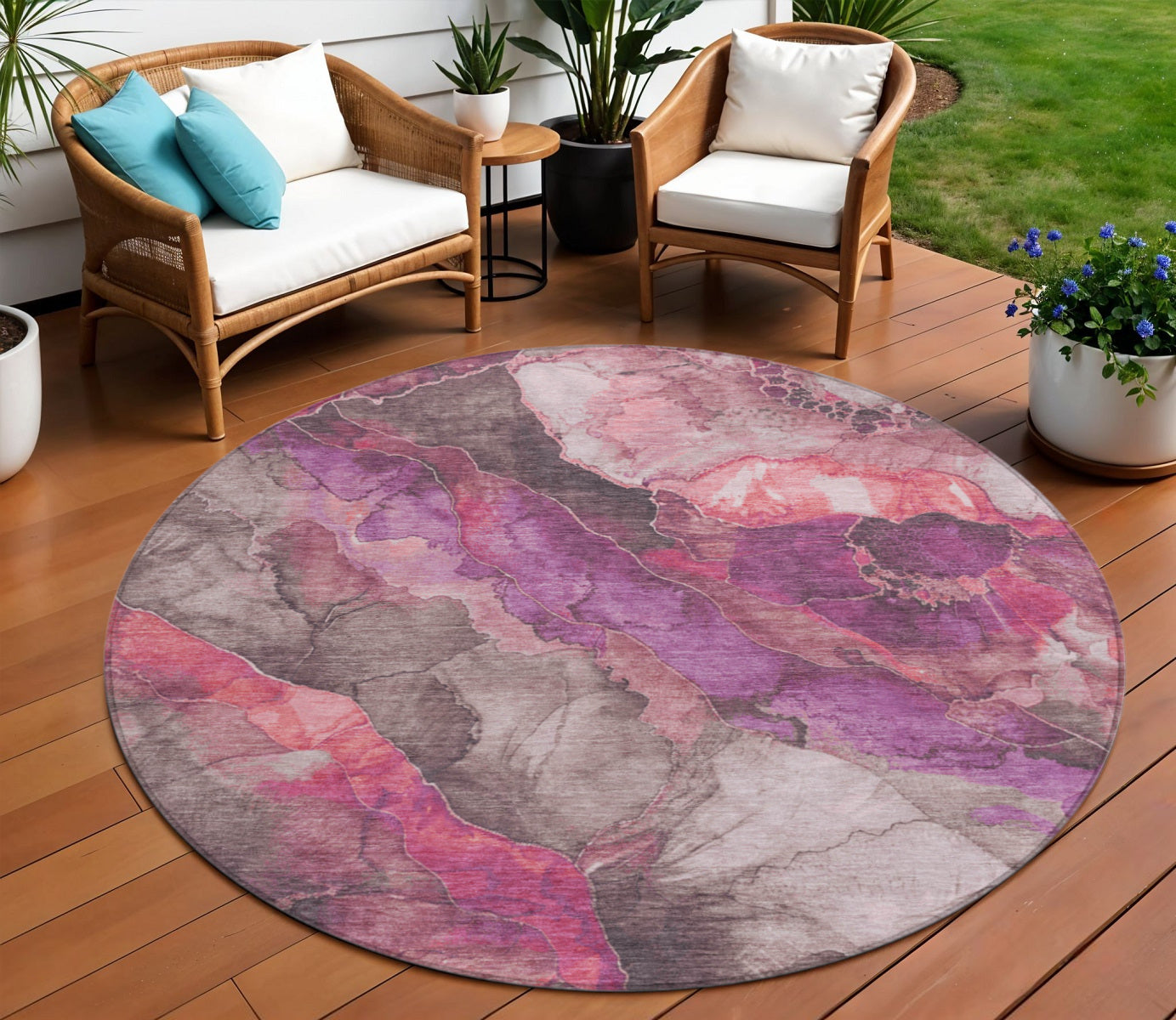 8 Blush And Purple Round Floral Washable Indoor Outdoor Area Rug