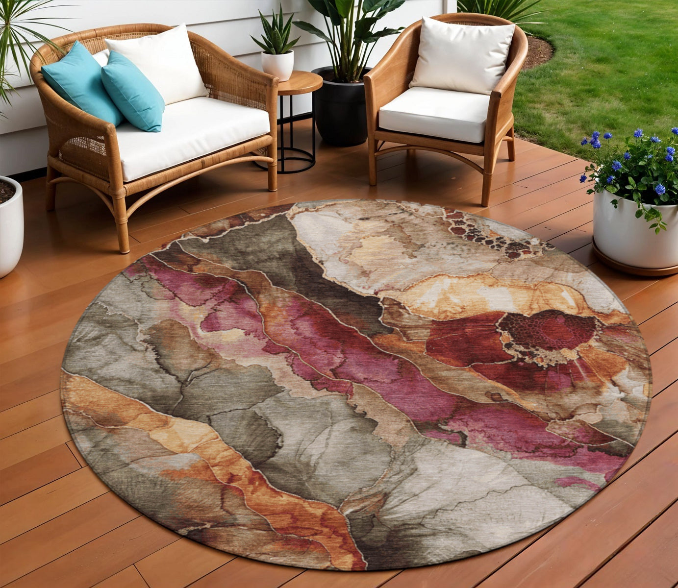 8 Khaki And Blush Round Floral Washable Indoor Outdoor Area Rug