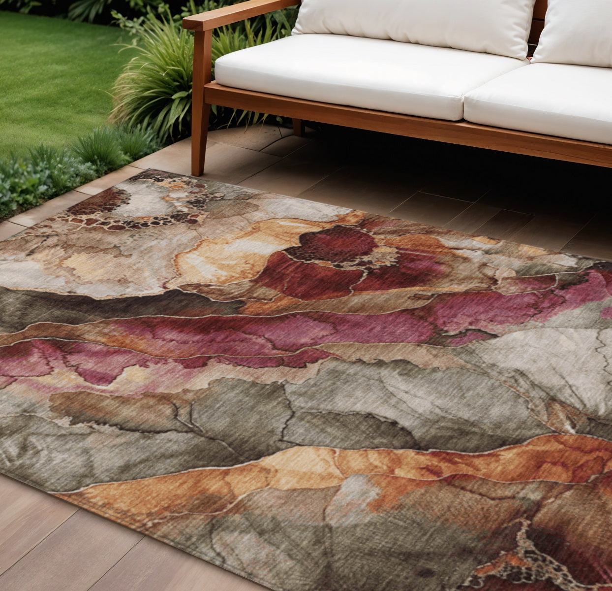 10 X 14 Khaki And Blush Floral Washable Indoor Outdoor Area Rug