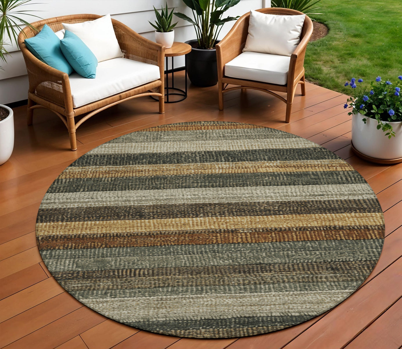 8 Khaki And Gold Round Striped Washable Indoor Outdoor Area Rug