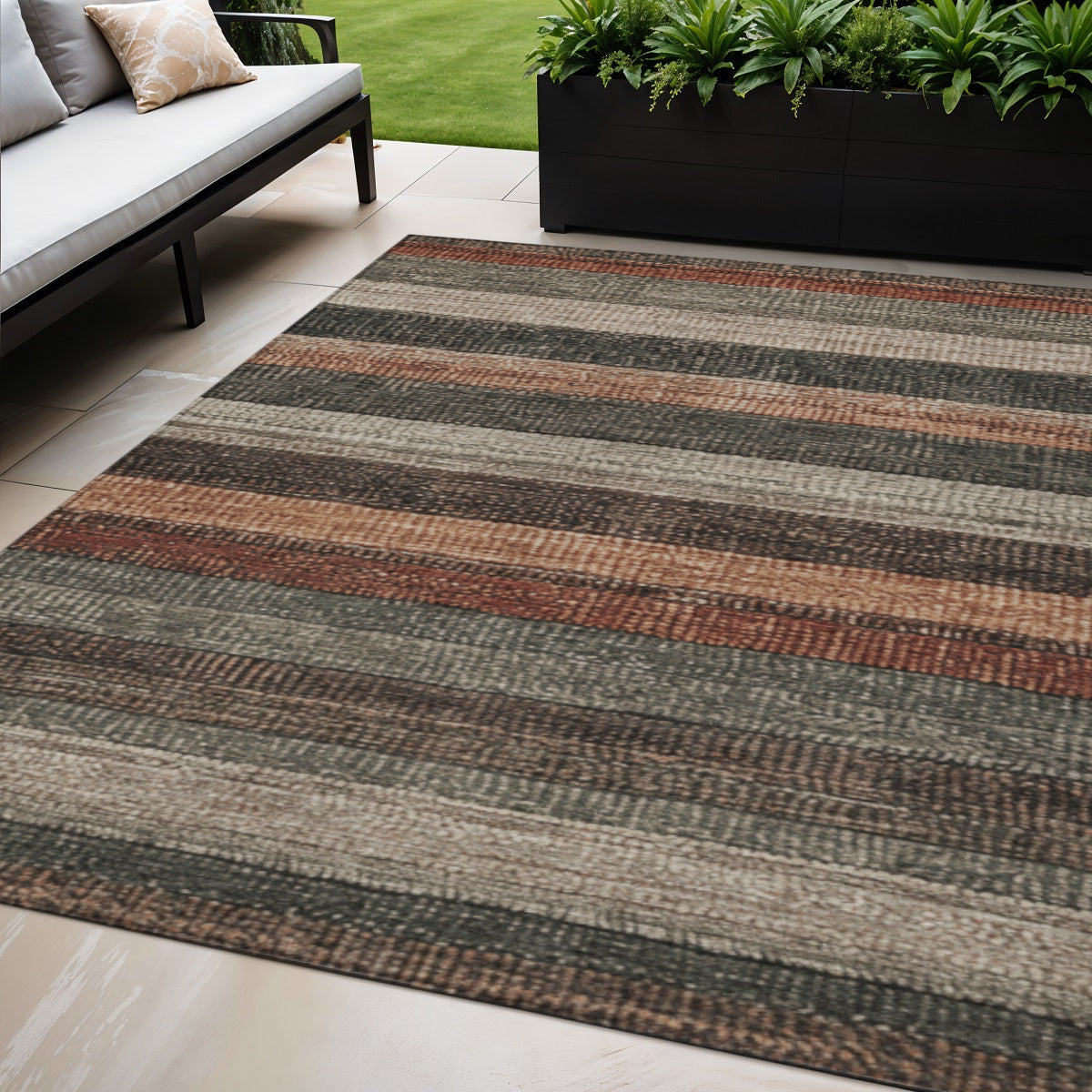 5 X 8 Rust And Taupe Striped Washable Indoor Outdoor Area Rug
