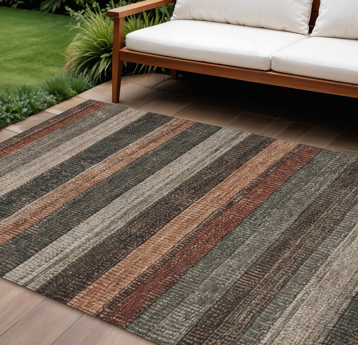 9 X 12 Rust And Taupe Striped Washable Indoor Outdoor Area Rug