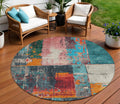8 Teal Blue And Orange Round Abstract Washable Indoor Outdoor Area Rug