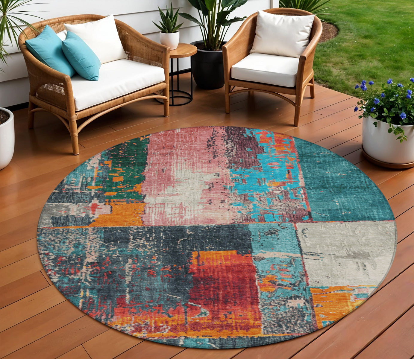 8 Teal Blue And Orange Round Abstract Washable Indoor Outdoor Area Rug