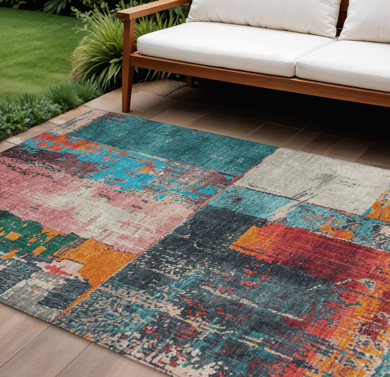 8 X 10 Teal Blue And Orange Abstract Washable Indoor Outdoor Area Rug